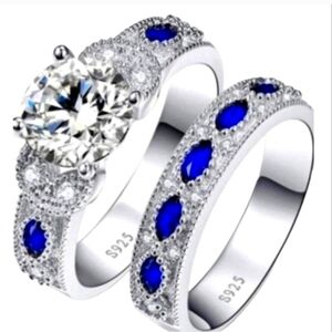 NWT 925 Sterling Silver Bridal Set/ Cocktail CZ & Created Sapphire